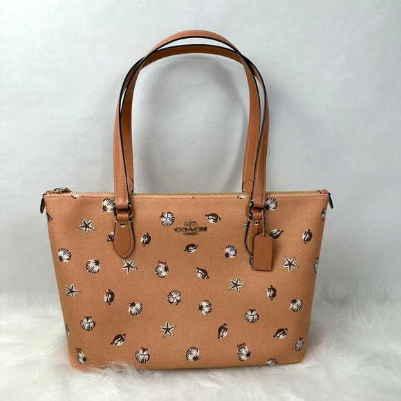 Coach Gallery Tote Bag With Shell Print In Canvas/Coral/Sunrise CBM12 NWT - Picture 1 of 9
